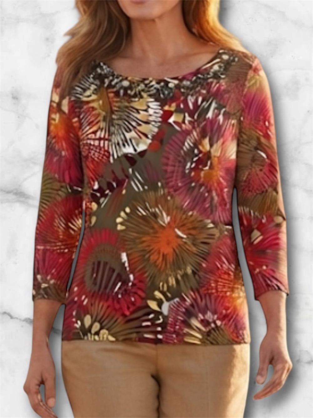 Ruby Rd. Colorful Pullover Top Blouse Jeweled Neckline 3/4 Sleeve Stretchy Sz L
